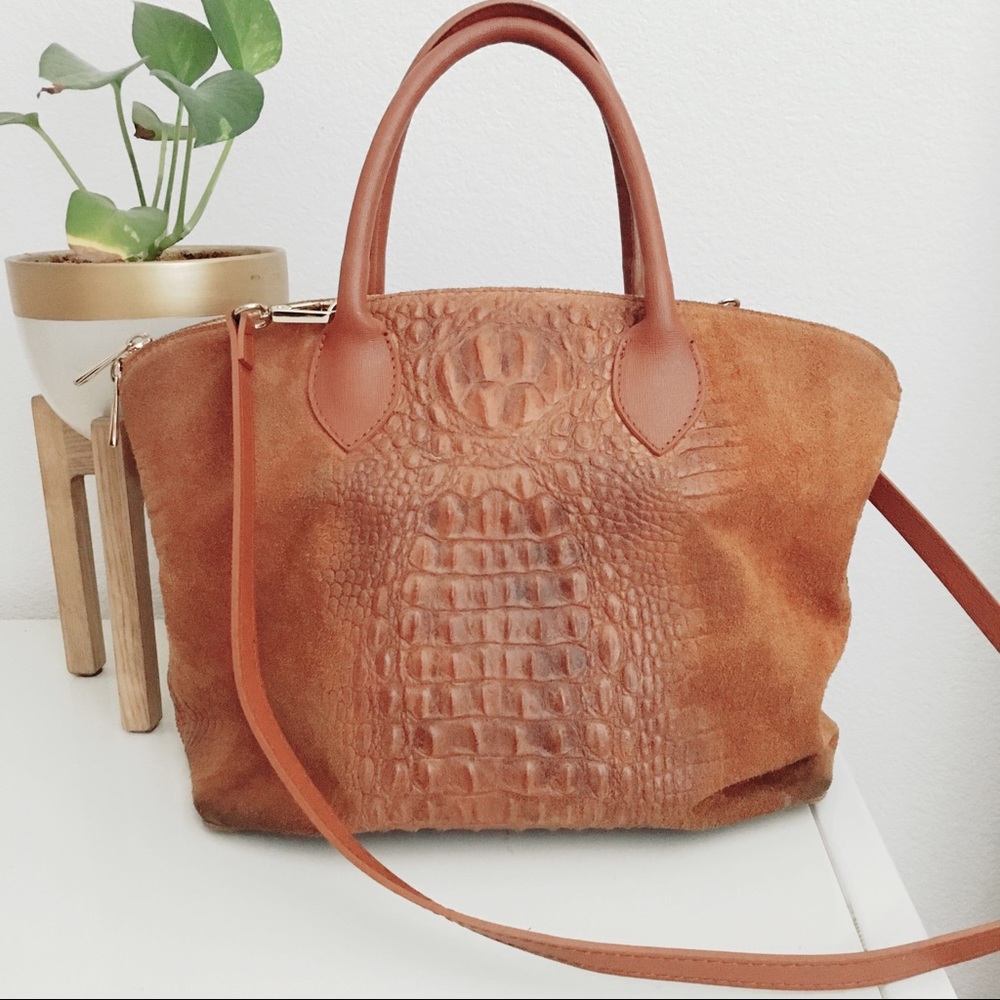 Cognac Croc-embossed Leather Tote.